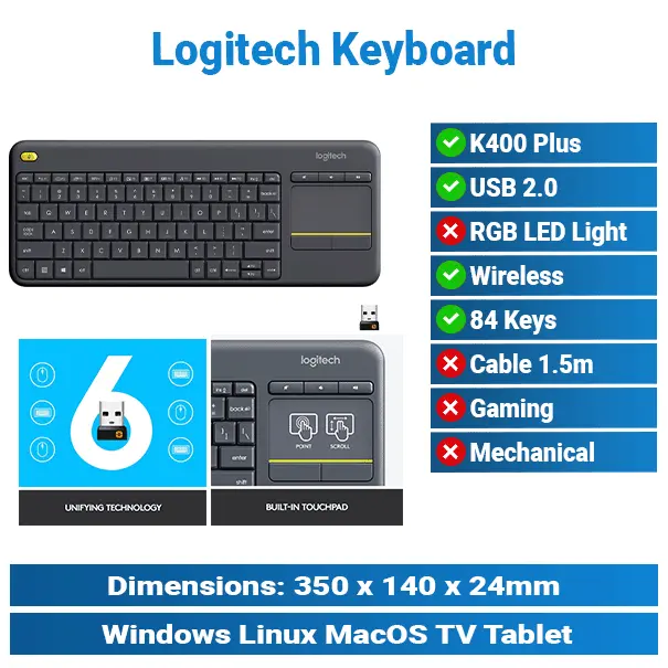 Logitech K400 PLUS Wireless Black Keyboard Mouse KMP