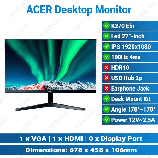 ACER K270 27-inch 100Hz HDMI VGA Black | Desktop Monitor