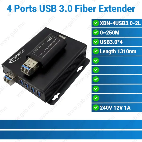 4 Ports USB 3.0 Fiber Optic Extender 2 Core Single Mode SFP Network