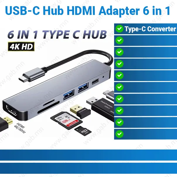 USB-C Hub HDMI Adapter SD Card Reader 6 in 1 Multiport Type-C Converter