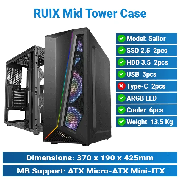 [#19'0013] Ruix Sailor RGB Mid Tower Black Case