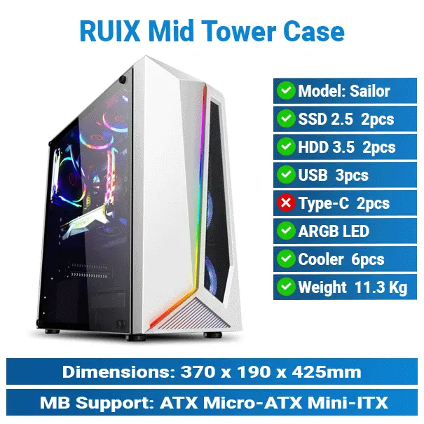 [#19'0012] Ruix Sailor RGB Mid Tower White Case