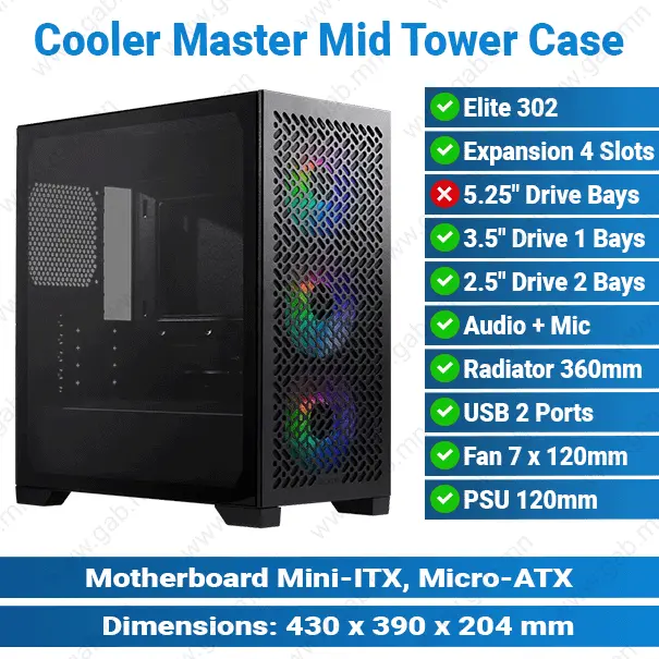 [#19'0009] Cooler Master Elite 302E302-KGNN-S00 Mid Tower Black Case'