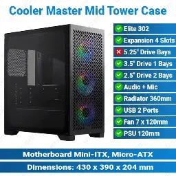 [#19'0009] Cooler Master Elite 302 Mid Tower Black Case'