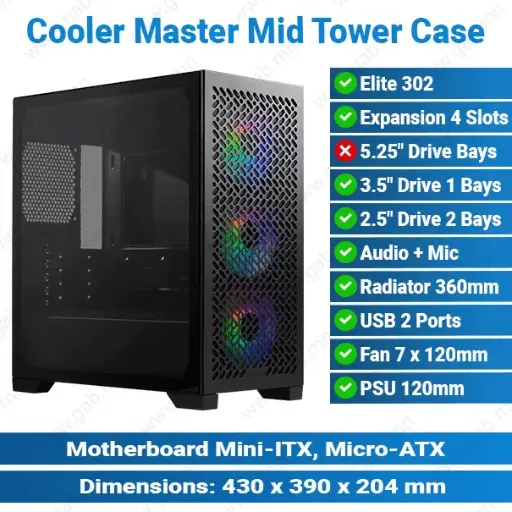 [#19'0009] Cooler Master Elite 302 Mid Tower Black Case'