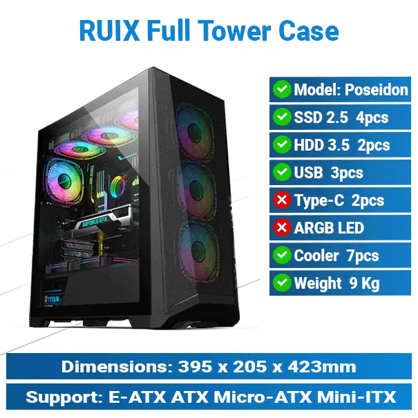 [#19'0015] Ruix Poseidon Full Tower Black Case