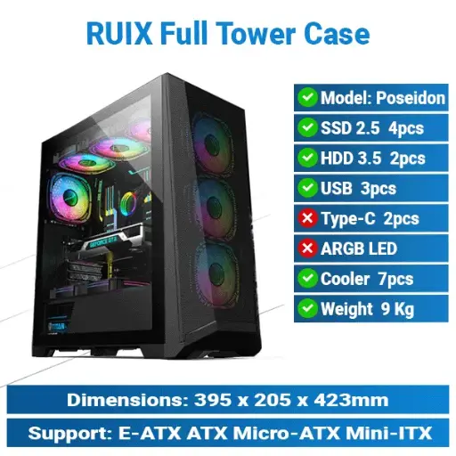 [#19'0015] Ruix Poseidon Full Tower Black Case