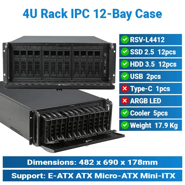 [#19'0023] 12 x 3.5" Drive Bays Storage 4U Rack IPC Case