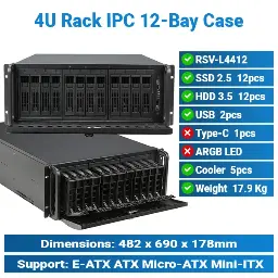 [#19'0023] 12 x 3.5" Drive Bays Storage 4U Rack IPC Case