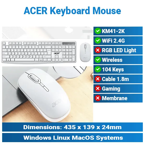 [#20'0013] Acer KM41-2K Wireless White Keyboard Mouse KMP