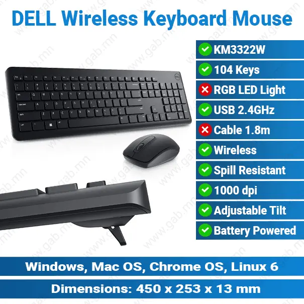 [#20'0018] DELL KM3322W Original Wireless Black Keyboard Mouse