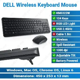 [#20'0018] DELL KM3322W Black Wireless Keyboard Mouse | Office Combo