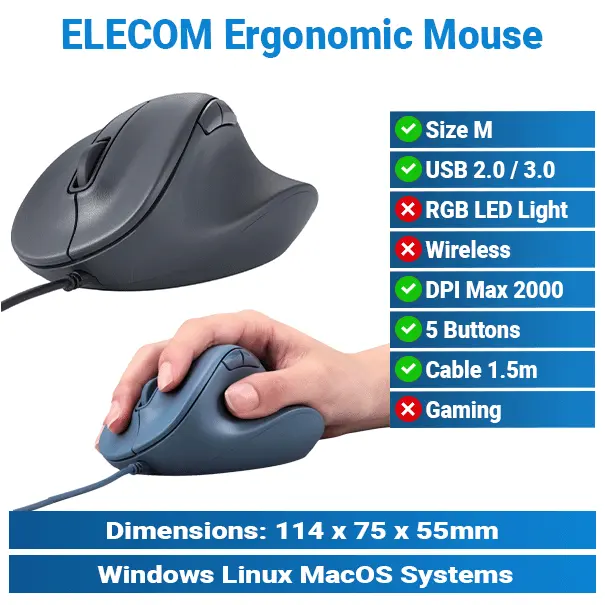 [#20'0030] Elecom Silent Wired 5-Buttons M Size Mouse KMP