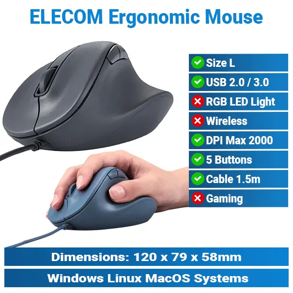 [#20'0029] Elecom Silent Wired 5-Buttons L Size Mouse KMP