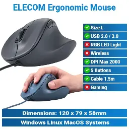 [#20'0029] Elecom Silent 5-Buttons L Size Wired Mouse | Office Mouse