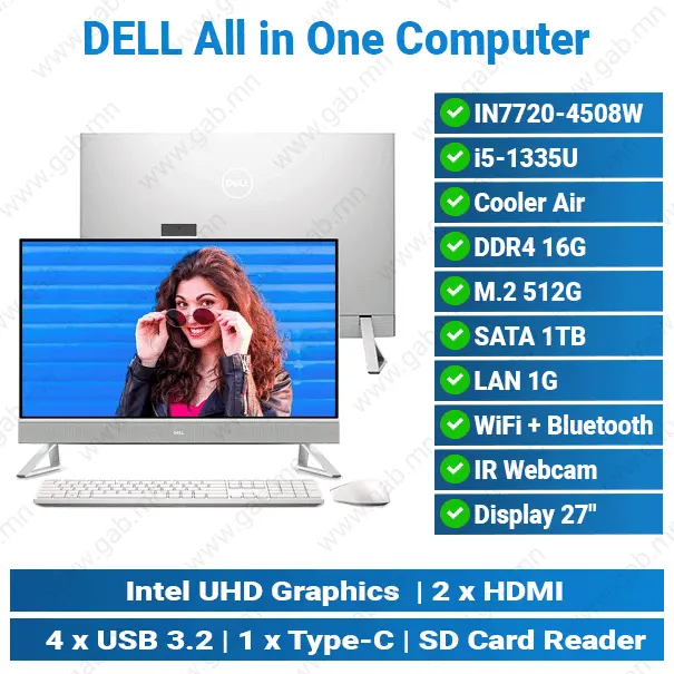 [#23'0006] Dell IN7720-4508W/ i5-1335U/ 16G/ M.2 512G +1TB/ 27-inch All in One PC'