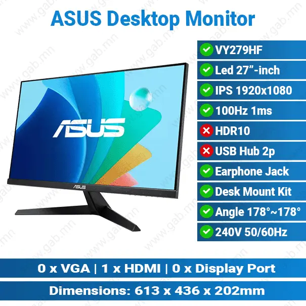 [#24'0015] Asus VY279HF 27" 100Hz (HDMI) Black Desktop Monitor