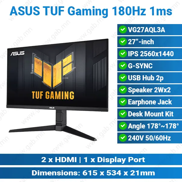 [#24'0014] Asus VG27AQL3A 27" 2K 180Hz G-Sync TUF Gaming Monitor