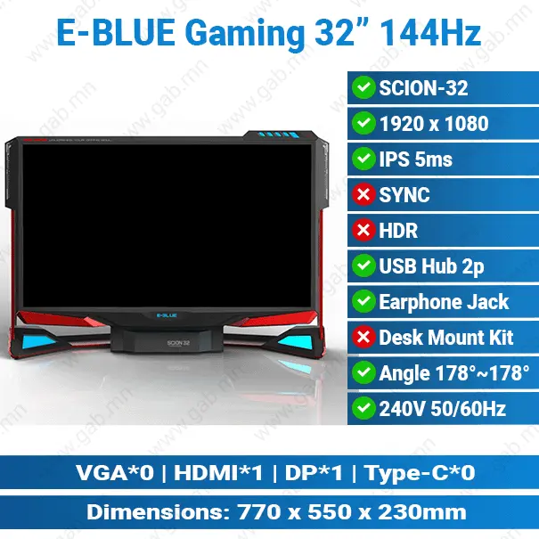 [#24'0023] E-BLUE SCION-32" RGB 144Hz Gaming Monitor