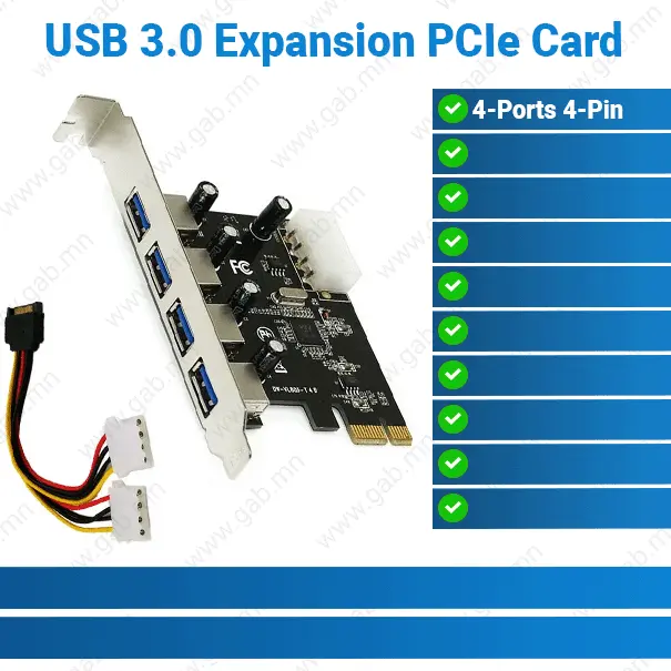 [#50'0033] USB 3.0 Expansion 4 Ports 4-Pin Power Connector PCIe Card